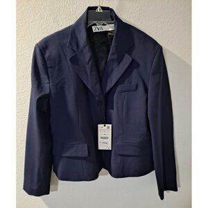 Zara Women’s Cropped Navy Blue Wool Blend Blazer Office Stylish Sleek, Large NWT